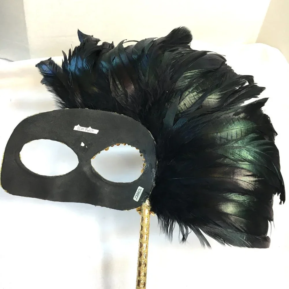 VENETIAN Harlequin Gold Sequin Mask w Blk Feathers w/ Handle NWOT NOS